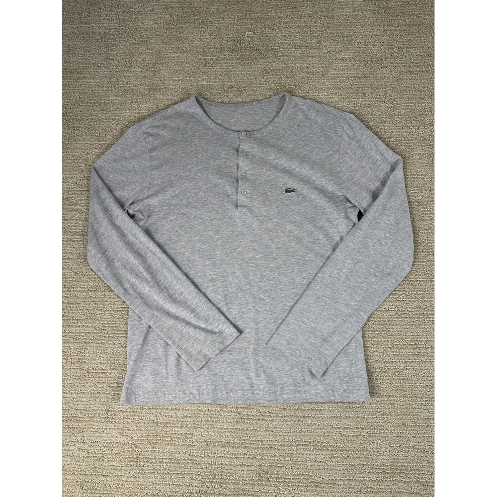 Lacoste Mens Heather Gray Long Sleeve Henley Shirt Embroidered Logo Size M